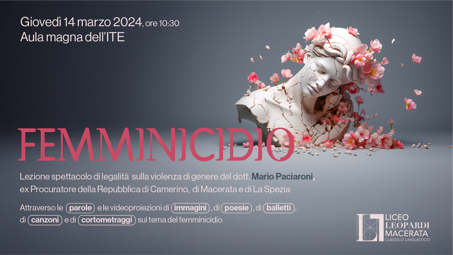 Femminicidio - Lezione spettacolo di legalità, 14 marzo - Liceo Statale G. Leopardi Macerata